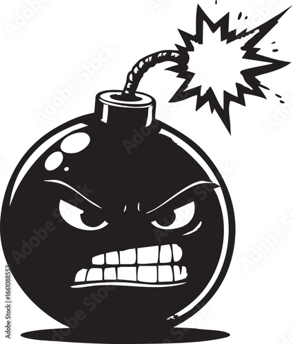 Angry cartoon bomb character with lit fuse vector illustration
