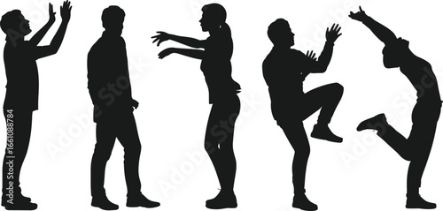 Silhouettes of diverse people in dynamic poses, jumping, standing, and moving, isolated vector illustration for fitness, dance, and lifestyle concepts