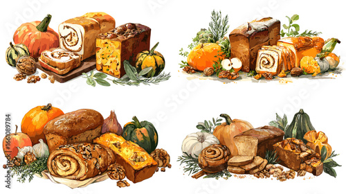 Warm watercolor illustration of pumpkin bread, rolls, and loaves surrounded by autumn squash and leaves. Ideal for bakery branding, Thanksgiving design, or cozy fall food concepts.