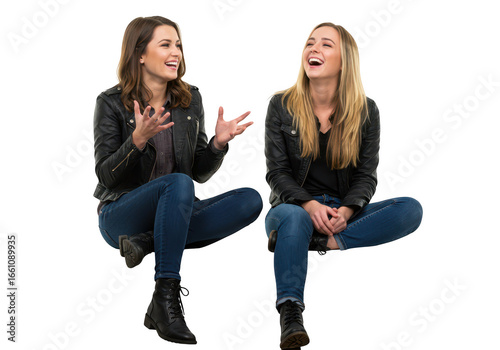 Two young women in leather jackets and jeans sitting and laughing together, isolated on transparent background