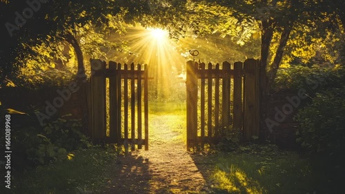 Sunlight streams through a rustic wooden gate, illuminating a garden path