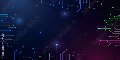 Abstract technology background with glowing digital circuit board connections and futuristic data flow
