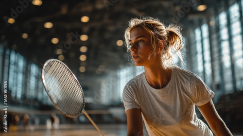Young female athlete concentrates on badminton game in urban sports venue, capturing determination and focus with natural light and ambiance surrounding her
