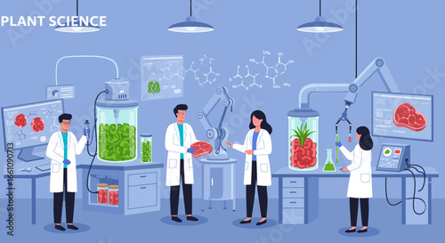 Scientific Food Innovation Lab with Researchers and Cultured Meat Equipment