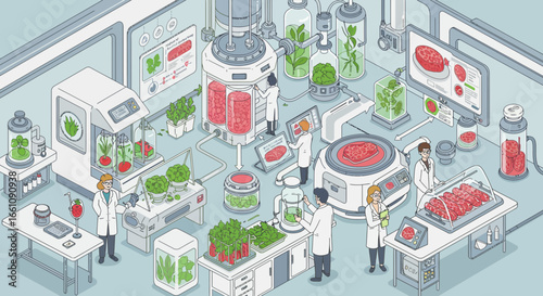 Scientific Food Innovation Lab with Researchers and Cultured Meat Equipment