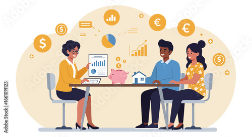 Family Financial Planning with Advisor – Vector Illustration