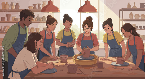 Group of People Learning Pottery in Workshop Vector Illustration