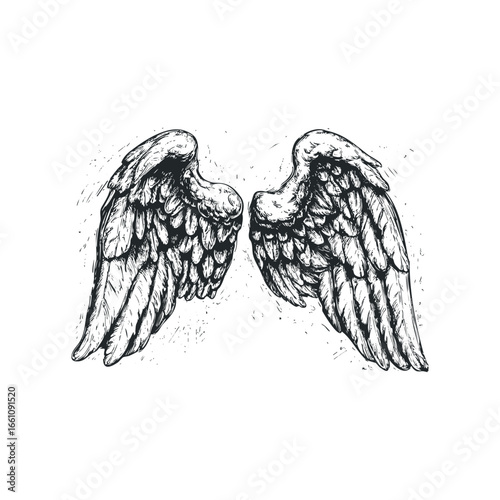 Detailed ink drawing of angel wings spread apart against a white background