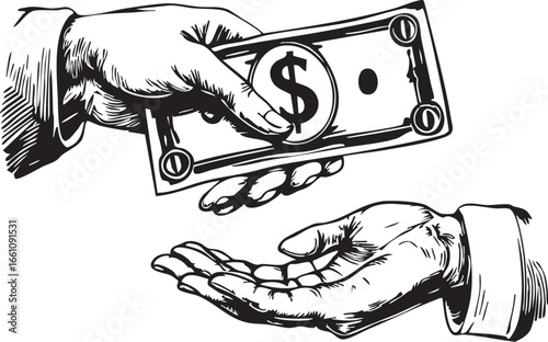 Payment Handing Over Cash in Black and White Vector Illustration
