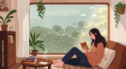 Cozy Moment Reading Book by Rainy Window