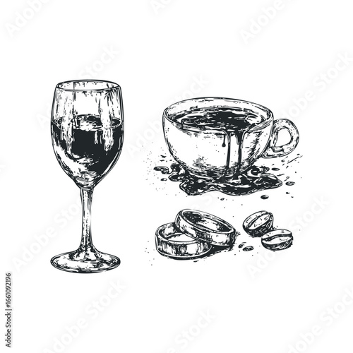 Sketch of a wine glass next to a coffee cup and beans
