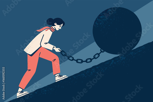 Person chained by enormous, menacing ball labeled "Tax Hike," symbolizing financial burden and economic struggle, isolated.