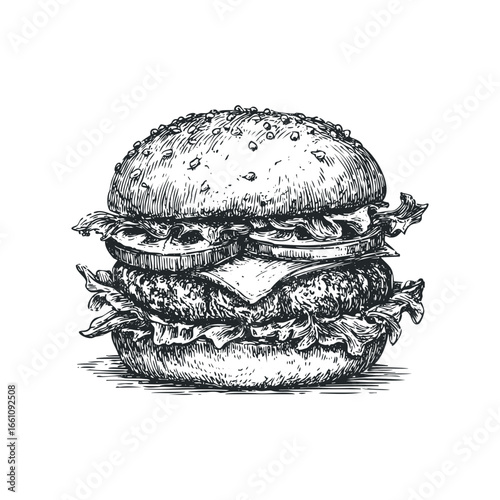 Detailed ink sketch of a stacked hamburger with sesame seed bun