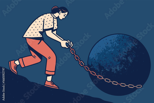 Person chained to massive, imposing ball labeled "Tax Hike," symbolizing financial burden and economic struggle in Florida.