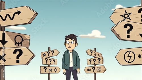 A cartoon man looking lost and confused, surrounded by many road signs with questionable directions and symbols.