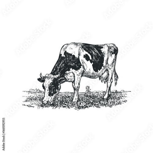 Detailed pen and ink sketch of a black and white spotted cow grazing in a grassy field