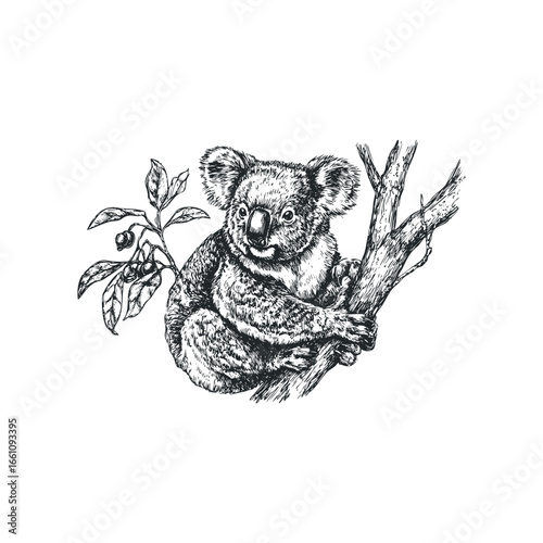 Detailed sketch of a koala clinging to a tree branch with leaves