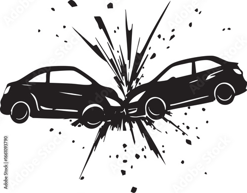 Car Crash Vector Graphic with Grunge Splatter, Two Vehicles Colliding in Black and White

