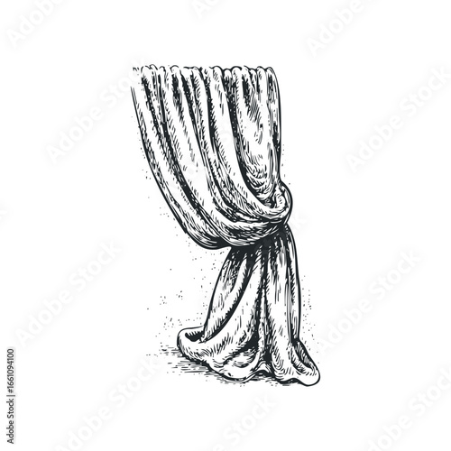 Drawn sketch of draped fabric pulled to the side with a knot