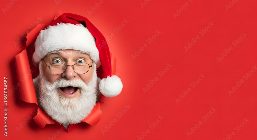 Naklejka premium Surprised santa claus peeking through a torn red paper background with excitement