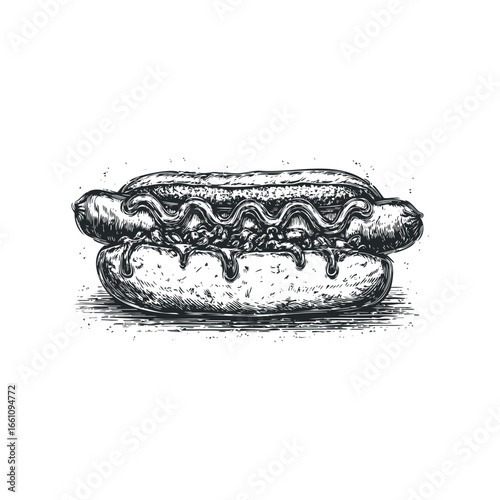 Detailed ink sketch of a classic hot dog with mustard and relish