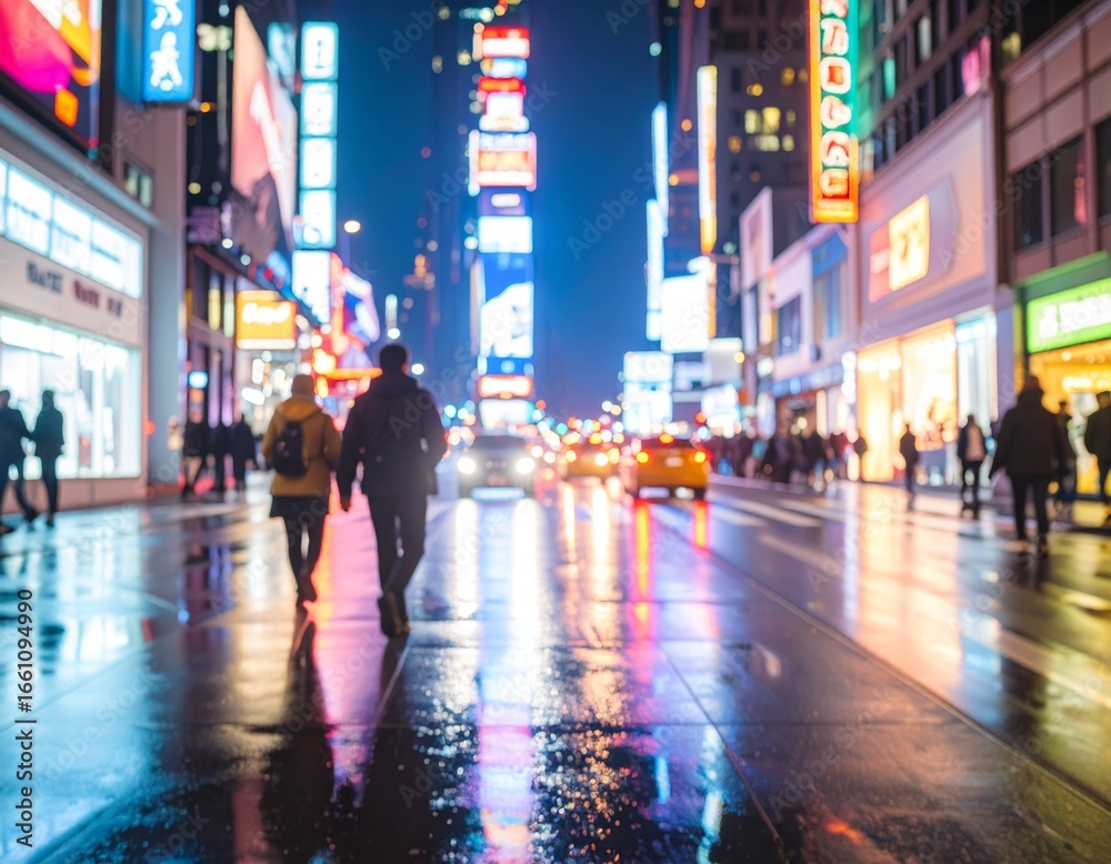 Obraz premium Vibrant city street at night with neon reflections