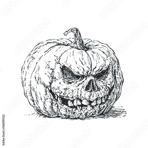 Detailed Ink Drawing of a Fearsome Jack-o-Lantern with Carved Grinning Face