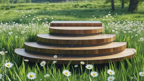 A Modern Podium in a Spring Meadow Surrounded by Green Grass and Daisies