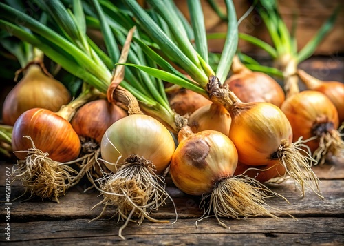 Freshly harvested yellow onions with green stalks on a rustic wooden surface