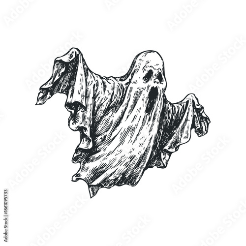 Spooky Hand-Drawn Ghost with Flowing Robes Floating in Mid-Air