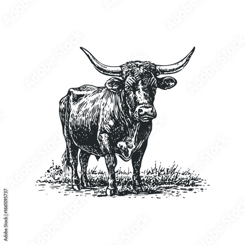 Detailed Ink Drawing of a Longhorn Bull Standing in Grassy Field