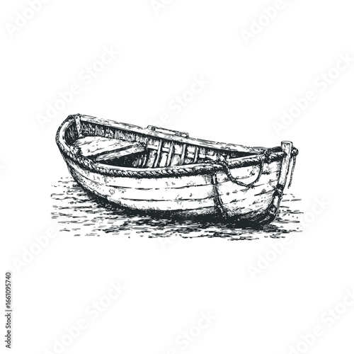Vintage wooden rowboat at rest on calm water surface