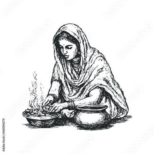 Indian woman tending a cooking fire with traditional pottery
