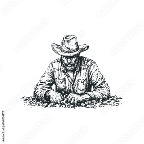 Roughly sketched cowboy examining dirt or soil with his hands