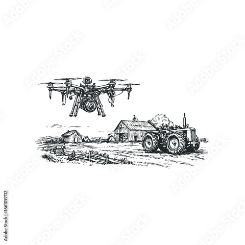 Drone hovering over vintage tractor and farm buildings