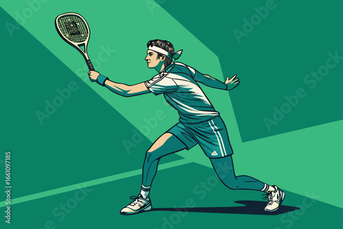 Athletic padel player intensely focused, executing a powerful forehand swing with their racket.