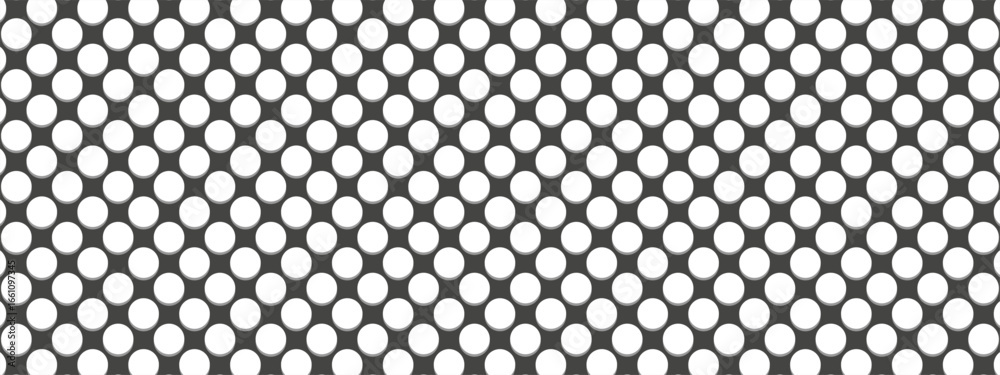 Fototapeta premium A seamless black and white pattern featuring circular shapes arranged in a uniform metal mesh pattern for modern design applications. Vector