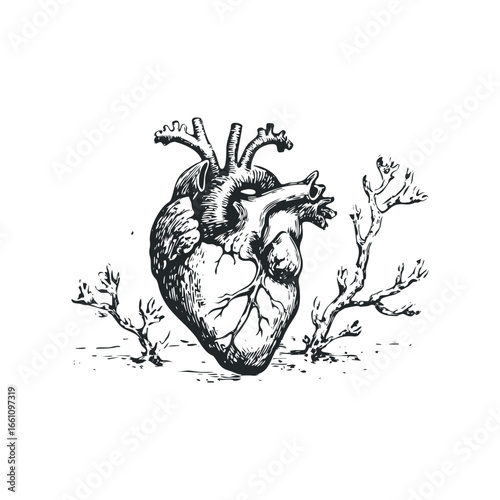 Human Heart with Gnarled Branches on White Background