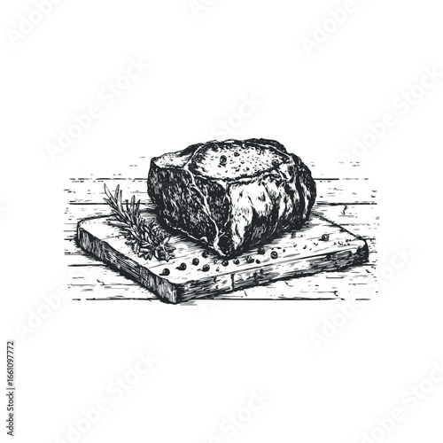Raw Beef Steak with Rosemary and Peppercorns on Wooden Cutting Board