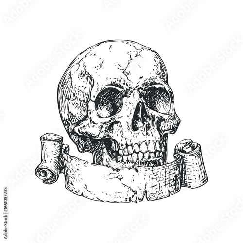 Hand drawn sketch of a weathered human skull with a torn banner wrapped around its lower jaw