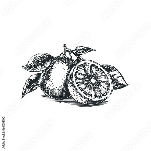 Oranges with leaves rendered in a vintage ink drawing style