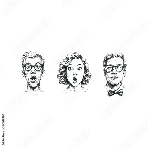Three People With Open Mouths Expressing Shock or Surprise, Retro Style