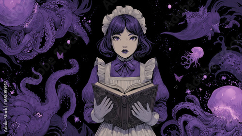 A mystic figure holding a book against shadows.