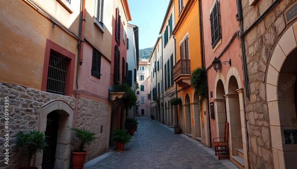Fototapeta premium Narrow, cobblestone streets of Budva Old Town, Montenegro, featuring ancient architecture, alleyway, historic