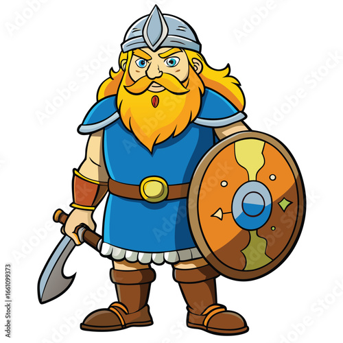 Cartoon viking warrior and knight vector illustration with beard and hat