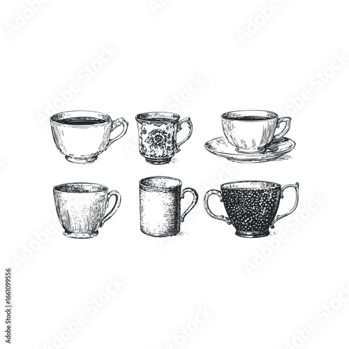 Collection of six hand-drawn antique porcelain teacups and mugs with beverages