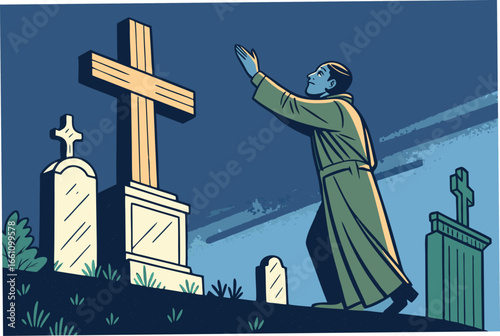 Priest offering solemn blessing at a weathered cemetery, wooden cross prominently featured, mournful atmosphere.