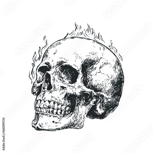 Human skull with flames erupting from the top portion of the head