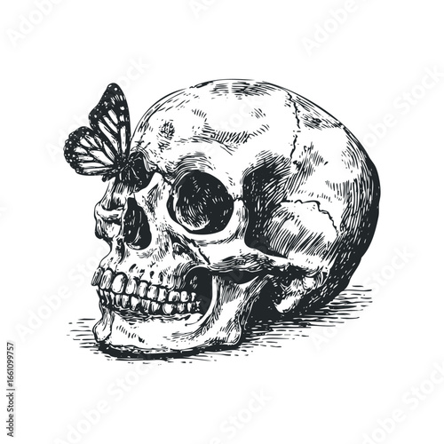 Detailed ink drawing of a human skull with a butterfly perched on its forehead