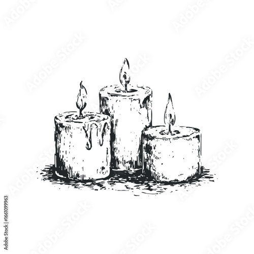 Three lit candles with dripping wax in a textured sketch style